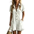 thumbnail image 5 of LEKODE Romper Women Wide Leg Rompers Flap Pocket Romper V Neck Button Down Short Sleeve Jumpsuits with Pockets Collared Neck Jumpsuit Short Rompers Summer Outfits White M, 5 of 6