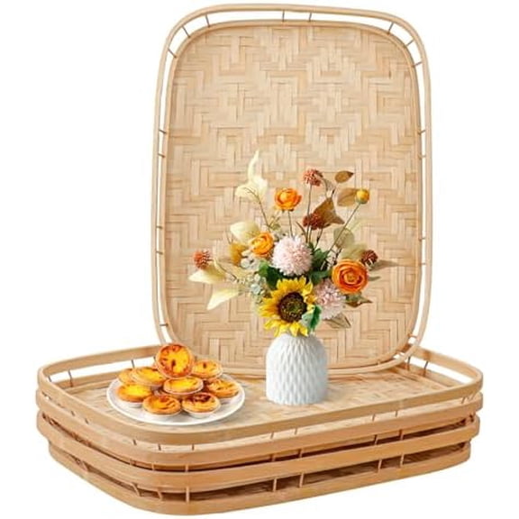 4 Pack Rectangular Bamboo Wicker Woven Tray with Handle, Bamboo Wicker Serving Trays for Eating, Kitchen, Table, Party