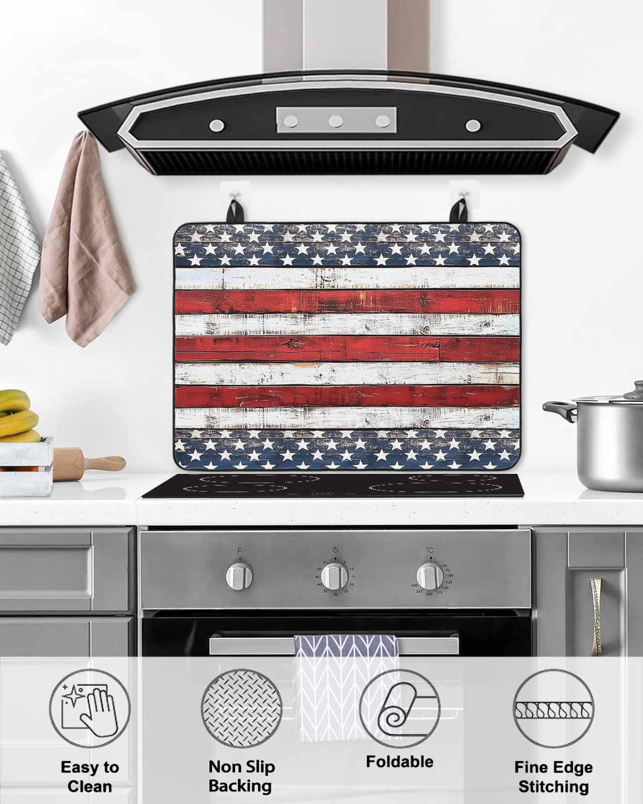 nqOlkjepod Large Induction Cooktop Protector Mat 24"x21", 4th of July Stove Top Covers for Electric Stove, Independence Day Blue Star Red Stripe Stove Burner Cover Mats, Glass Top Stove Cover