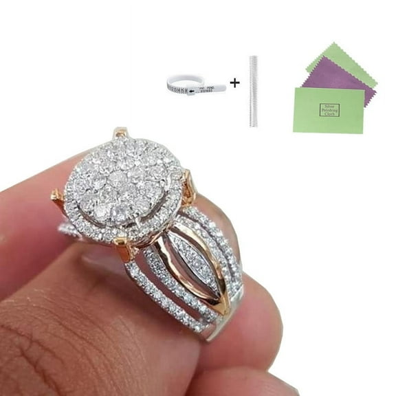 shngshifan Two-Tone Diamond Cluster Ring, 925 Sterling Silver, Size 7(Three accessories)