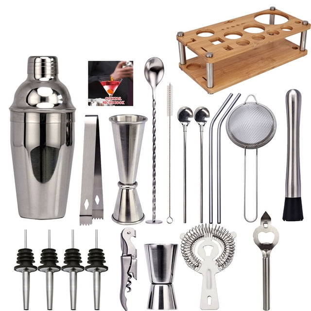 Yeacher 20pcs Bar Cocktail Set Shaker Drink Making Kit Stainless Steel Mixer Making Gift with Holder Base