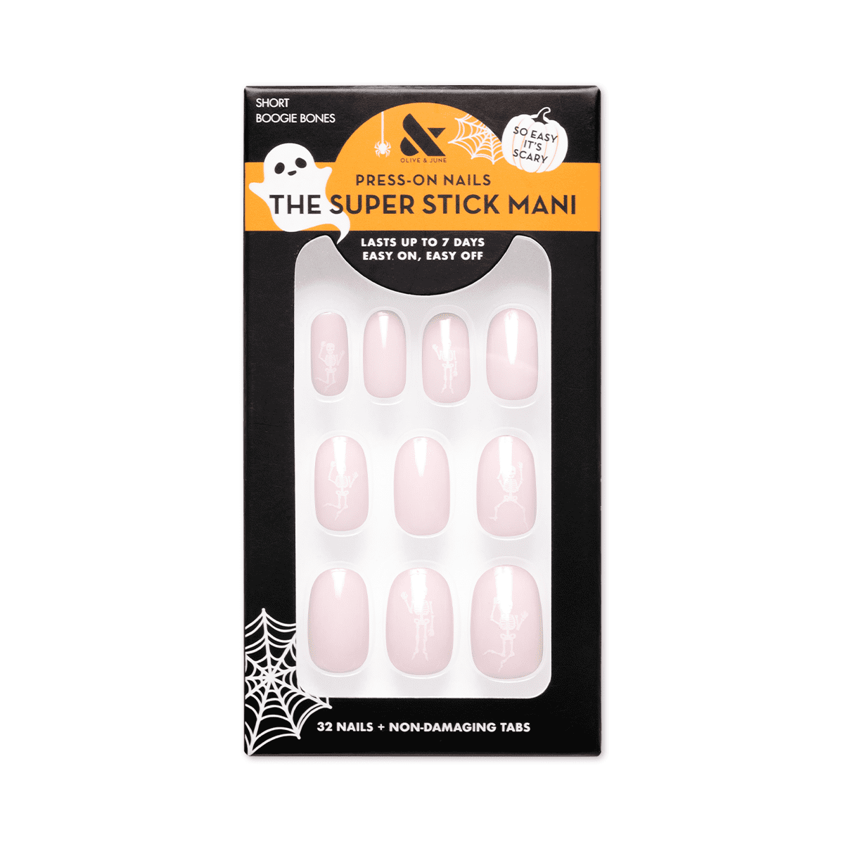 Olive & June Super Stick Mani Short Round Press-On Tabs, Boogie Bones, 32 Pieces
