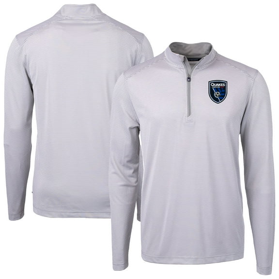 Men's-Cutter & Buck  Gray San Jose Earthquakes Big & Tall Virtue Eco Pique Micro Stripe Recycled Quarter-Zip