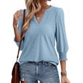 thumbnail image 3 of BangWanChi Women's Casual T-Shirts Fashion Ladies Solid 3/4 Length Sleeve Smocked Cuffed V-Neck Shirt Light Blue L, 3 of 5