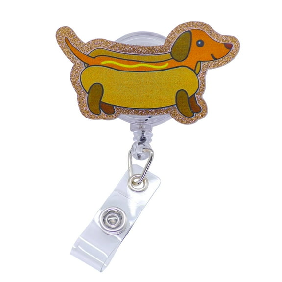 Cute Dachshund Badge Reel for Nurses & Teachers, Retractable ID Badge Holder with Gold Glitter Accents and Secure Metal Clip