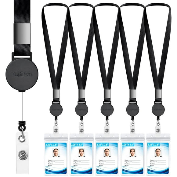Lanyard with ID Holder (5 Pack) 20 inch Flat Polyester ID Lanyard with Retractable Badge Reel and Vertical Name Badge Holder for Offices ID, School ID, Driver Licence (5)