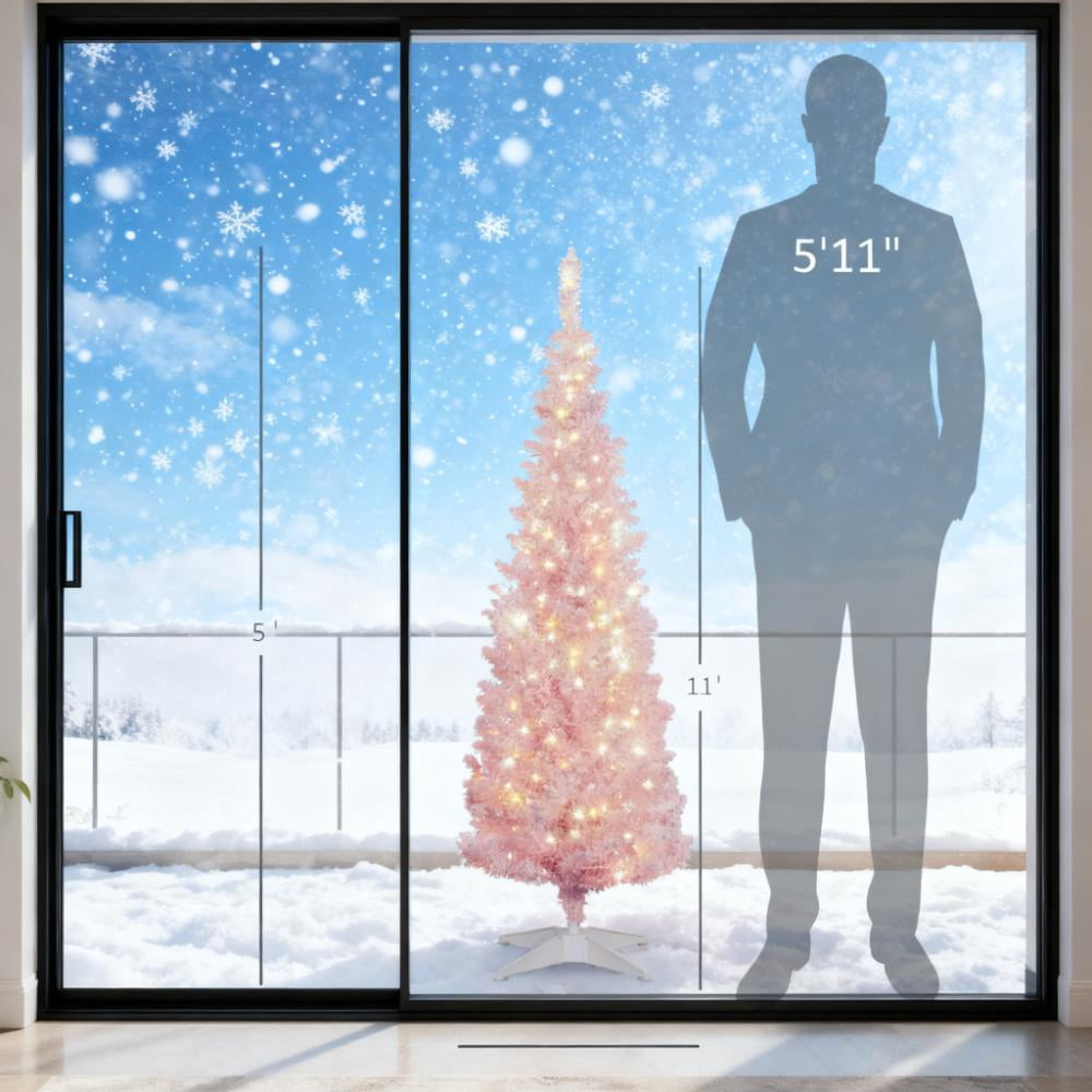 5ft Prelit Pink Snow Flocked Pencil Christmas Tree 294 Tips 160 Warm White LED Lights Indoor Decor
