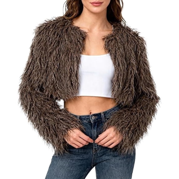 Women Open Front Shaggy Faux Fur Cropped Jacket Long Sleeve Fluffy Feathery Furry Short Coat 100% Polyester Trendy Winter Party Outerwear