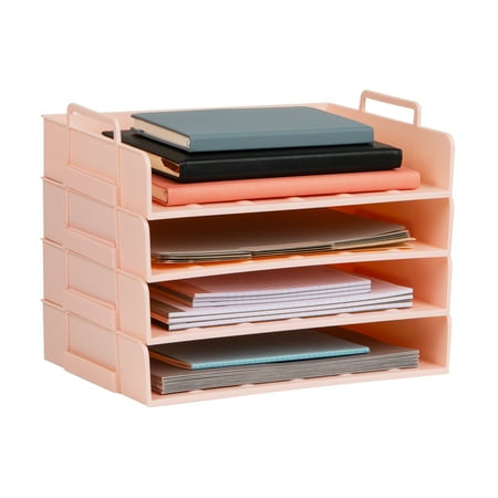 Mind Reader Stackable Paper Tray, Desktop Organizer, File Storage, Office, Plastic, 13.75"L x 10"W x 10.75"H, 4 Pcs., Pink
