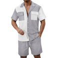 thumbnail image 2 of Men Summer Casual Short Sets Contrast Short Sleeve Button Down Shirt And Shorts Set 2 Piece Outfits Tracksuit Vacation Sets for Men Grey Xl, 2 of 5