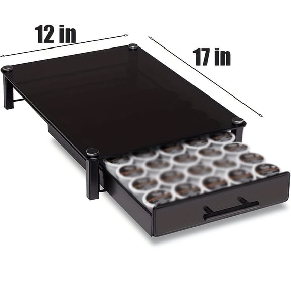 1 Piece High-Quality Thickened Glass Coffee Shelf with Container Drawer, K-Cup Capsule Storage Organizer for Coffee Machine, Black, Fits Office & Household Counter (Capsules Not Included)