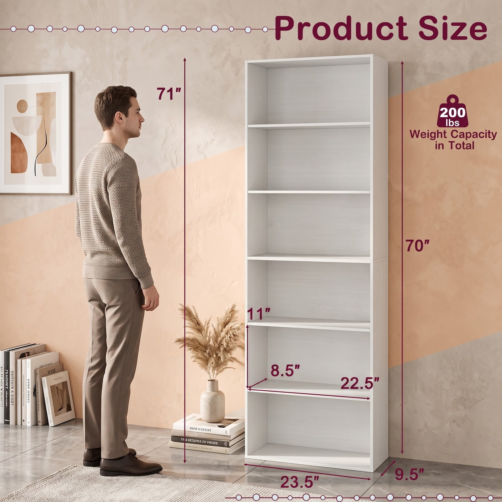 Furnibear 6-Tier Tall Bookcase with 6 Open Shelves, Freestanding Wood Bookshelf Storage Organizer with Anti-Toppling Kits for Living Room Study Home Office, White