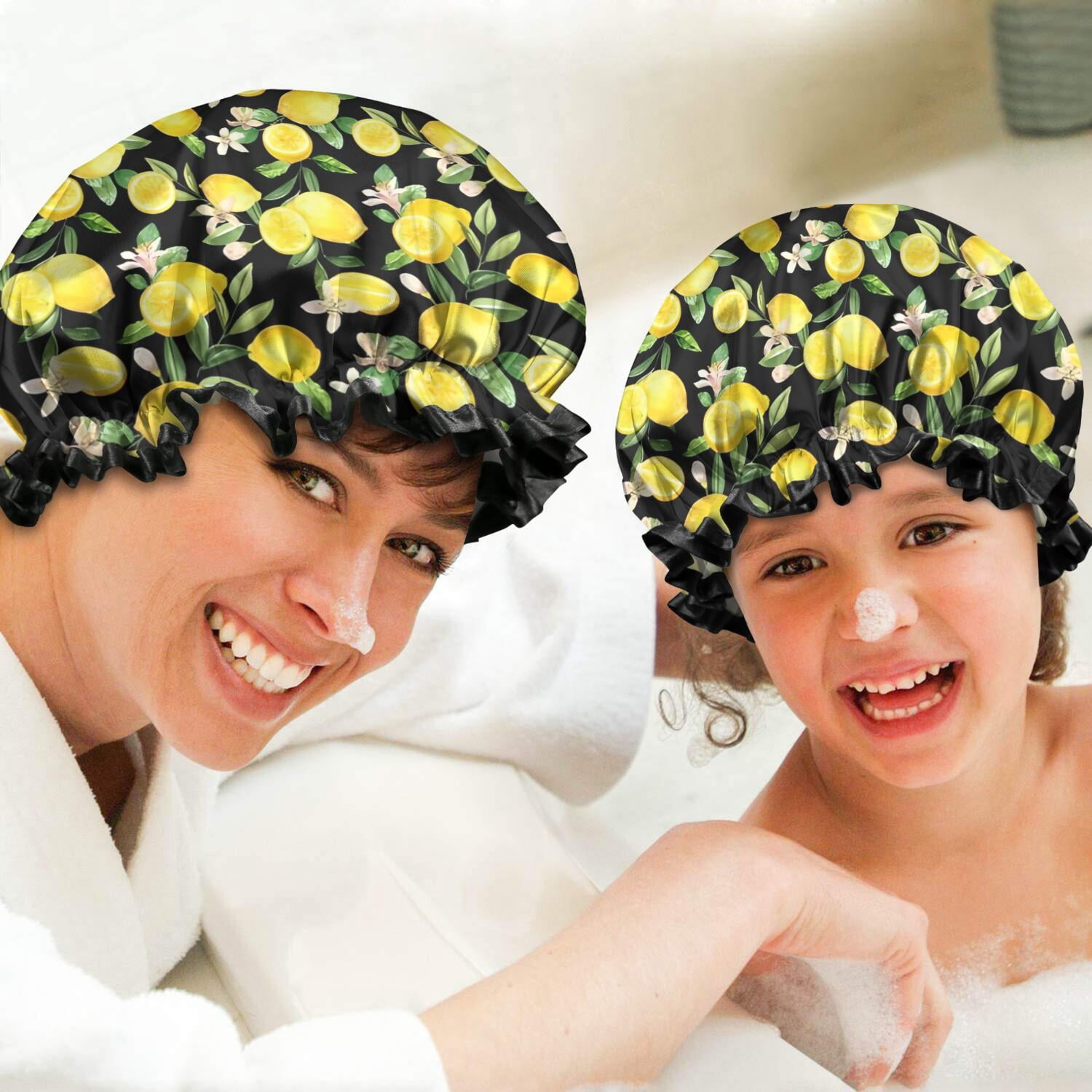Shower Caps,Yellow Lemon Fruit Flowers Black Pattern Waterproof Shower Cap for Women 4 Pieces,Double Reusable Hair Cover for Shower PEVA Elastic Stretch Hem