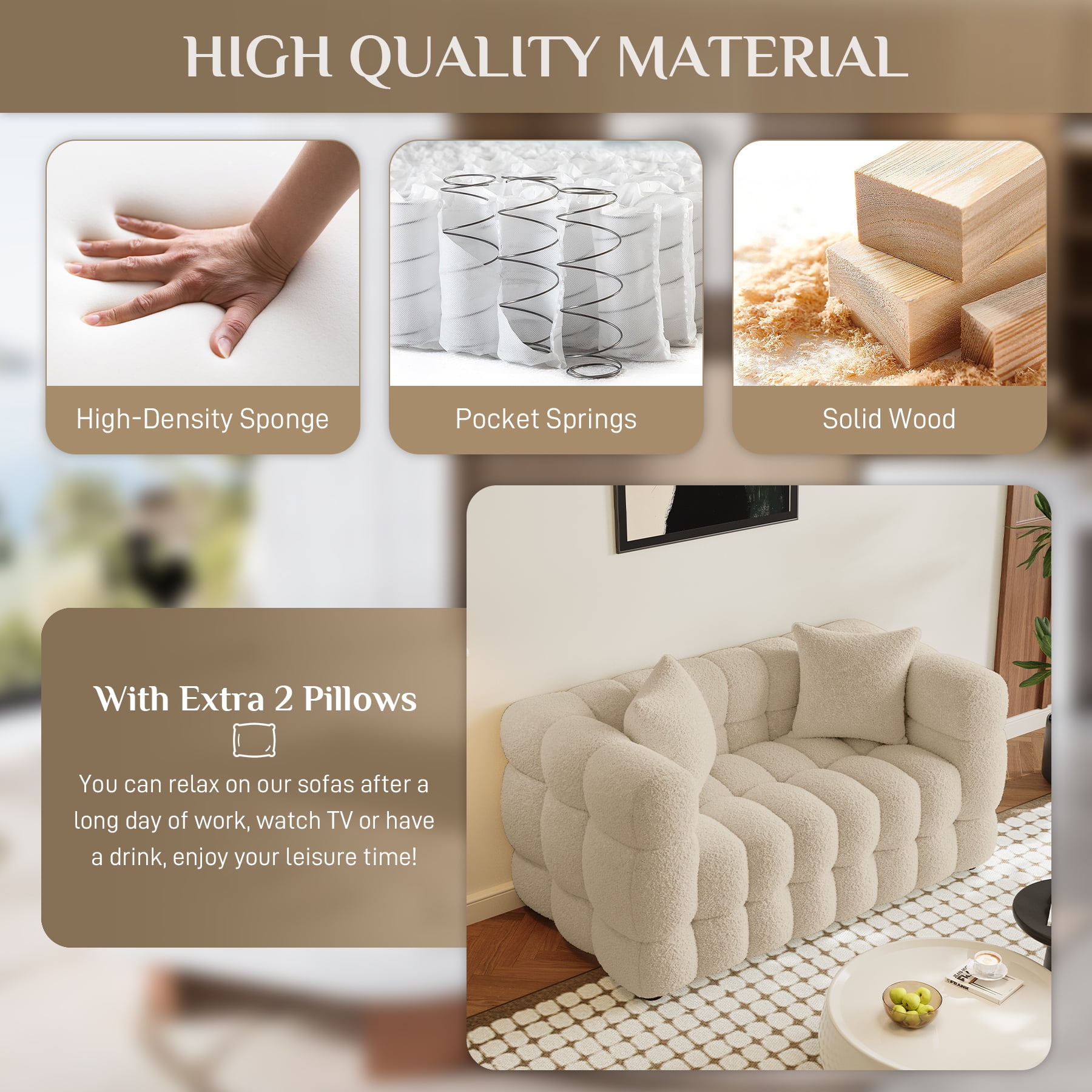 Wiilayok 59.1" Modern Tufted Upholstered 2 Seater Loveseat Sofa with 2 Pillows，Comfy Sherpa Deep Seat Cloud Couch, Small Love Seat for Living Room Apartment, Light Brown