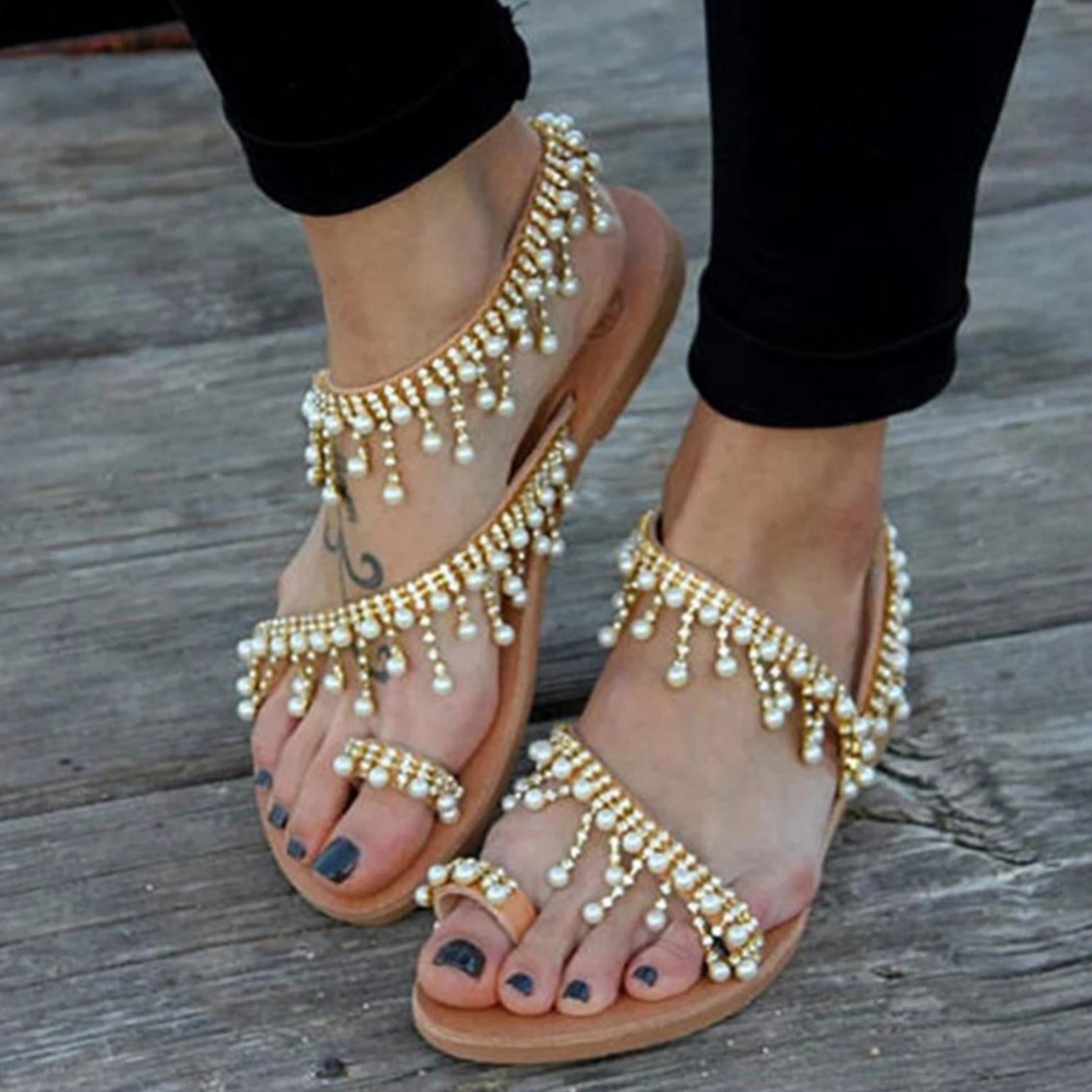 SheSole Rhinestone Flat Sandals for Women Summer T-Strap Slides Bohemian Glitter Jeweled Flip Flops Beach Wedding Shoes