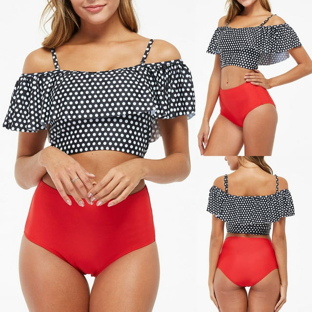 DDAPJ pyju Tankinis for Women Plus Size Womens Off Shoulder Swimsuits High Waisted Bikini Sets Two Piece Sets Tropical Print Tummy Control Bathing Suit Red XXL