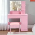 thumbnail image 2 of IVV Modern Vanity Desk with LED Light Mirror, Makeup Vanity Set with Storage Cabinet, Drawer & Open Shelves, Dressing Table with Cushioned Stool for Women, Pink, 2 of 8