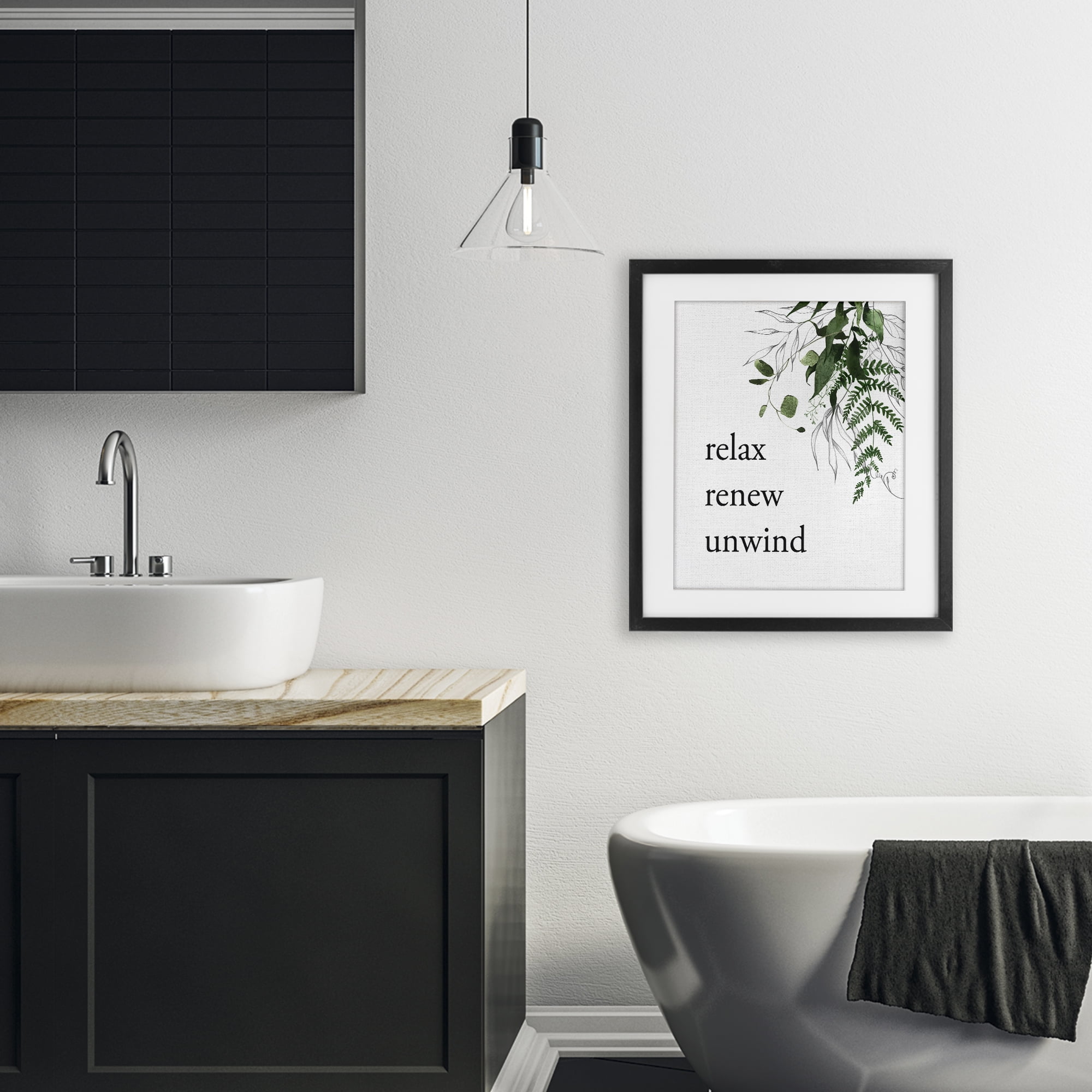 Relax Renew Unwind with Foliage Black Framed Print Under Glass, design by Lettered and Lined