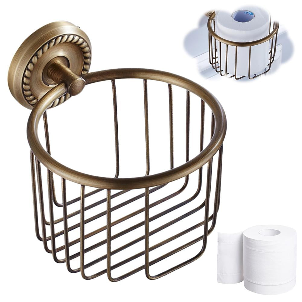 Vintage Bronze Wall Mounted Toilet Paper Holder Antique Brass Bathroom Accessories Tissue Dispenser with Stable Metal Stand, Wire Basket Storage Rack - for Roll with Diameter