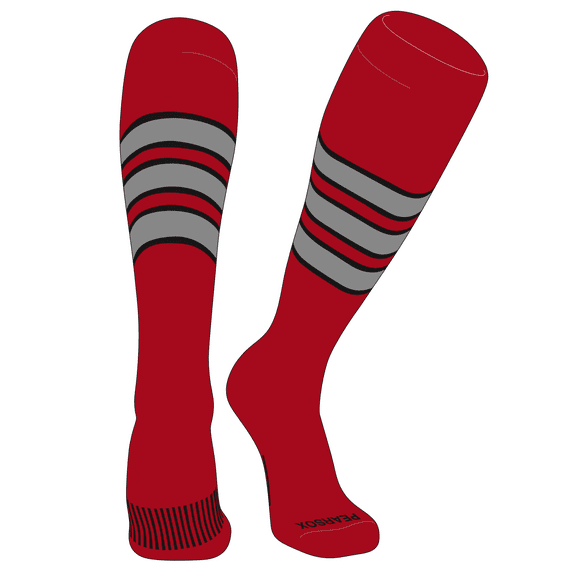 PEAR SOX Striped OTC Baseball, Softball, Football Socks (C) Red, Black, Silver (XS)