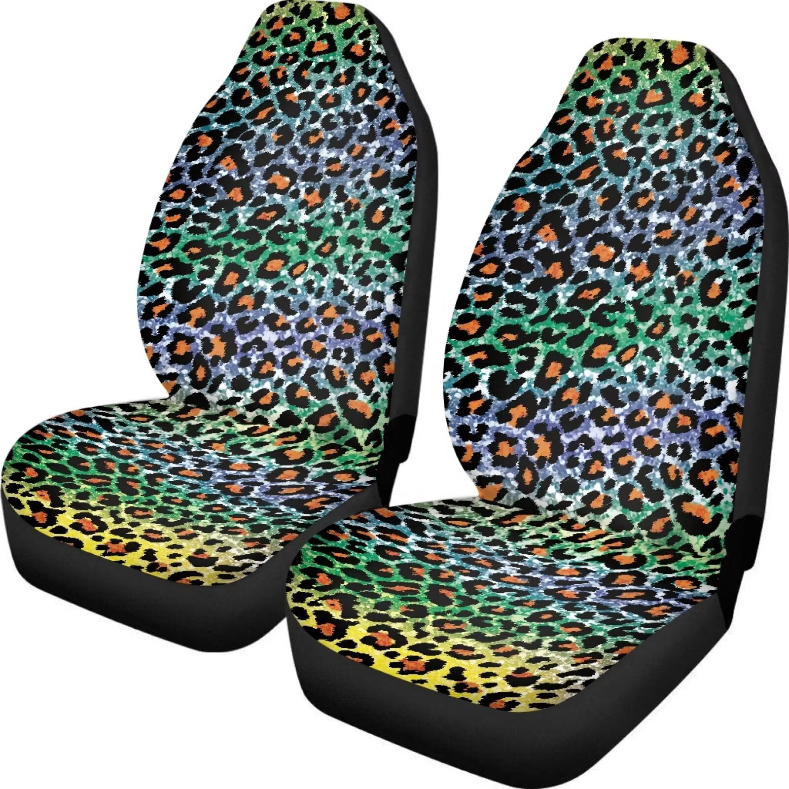 Uourmeti Leopard Car Accessories for Women Interior Cute Set Rainbow Cheetah Pattern Front Car Seat Covers Universal Auto Cushion Protector for Trucks Suv Vans(2 Pack)