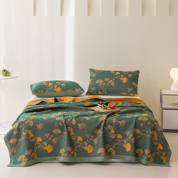 AUQ 100% Cotton Jacquard Quilt Floral Ginkgo Leaves Print,Soft Muslin Bed Cover 3 Layers Reversible Bedspread Coverlet Breathable Lightweight Bedding,Full/Queen(78"X94"), No Pillow Sham
