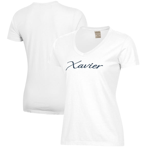 Women's  White Xavier Musketeers Script Logo Comfort Wash V-Neck T-Shirt
