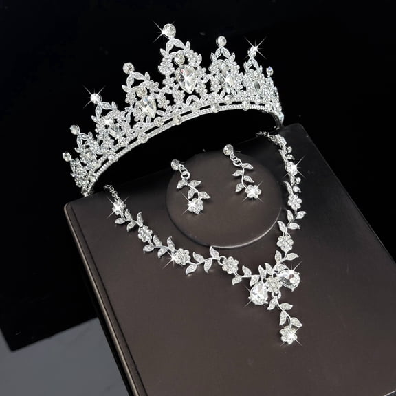 Silver Alloy Rhinestone Jewelry 3-Piece Set, Tiaras and Crowns Necklace & Drop Earrings For Womens, Box Packed Formal Accessories for Wedding, Birthday, Evening Party & Prom