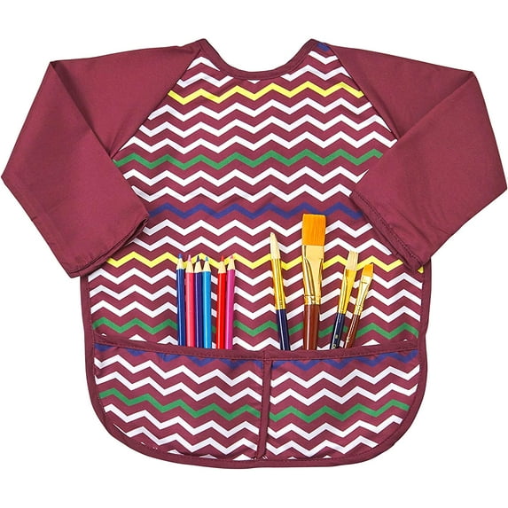 Abstract Kids Art Smock Apron - Maroon Long Sleeve Waterproof Bib for Painting, Feeding and More - 2 Pockets - Microfiber with Vinyl Lining - Medium