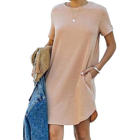 BRGZLK Womens T-Shirt Dress Fashion Summer Casual Crew Neck Sports Roll Up Sleeve Solid Color Double Pocket Short Sleeve Dress Basic Beach T Shirt Skirt Khaki S