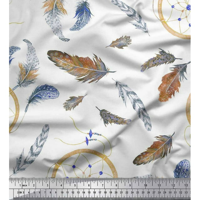 Soimoi polyester Crepe Fabric Feather & Dream Catcher Home Decor Fabric Prints By Yard 52 Inch Wide