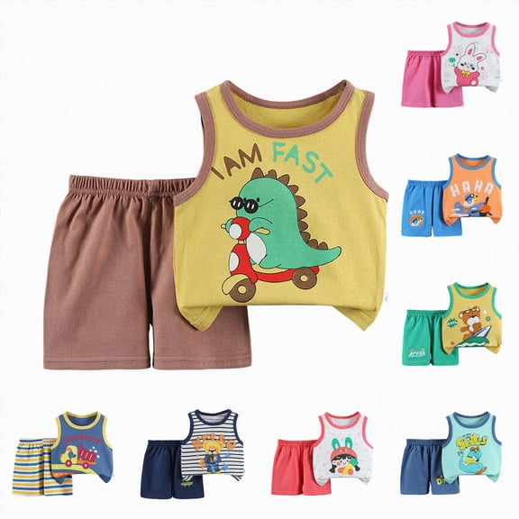 Xudanell Boy Clothes Toddler Baby Boys 2 PCS Summer Outfits Sleeveless Cotton Dinosaur T-Shirt Shorts Set (Pink, 2-3 Years)