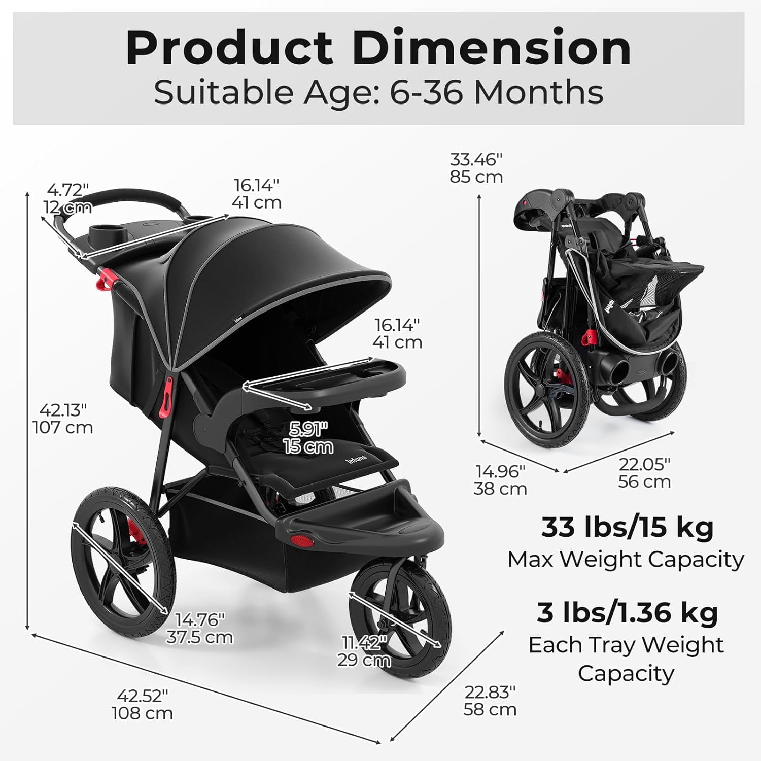 INFANS Jogging Stroller, Jogger Travel System with Shock Absorbing Suspension Dining Plate Cup Holder Adjustable Backrest, Lightweight Baby Strollers for Newborn