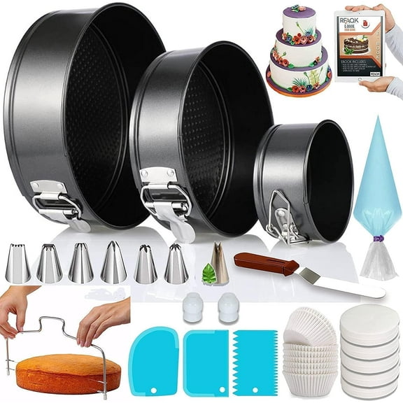 100pcs Cake Pan Sets for Baking   Cake Decorating Supplies: 3 Non-Stick Springform Pans Set (4, 7, 9 inches), Icing Tips, Cake Leveler – Multi-functional Leak-Proof CheeseCake Pan & eBook