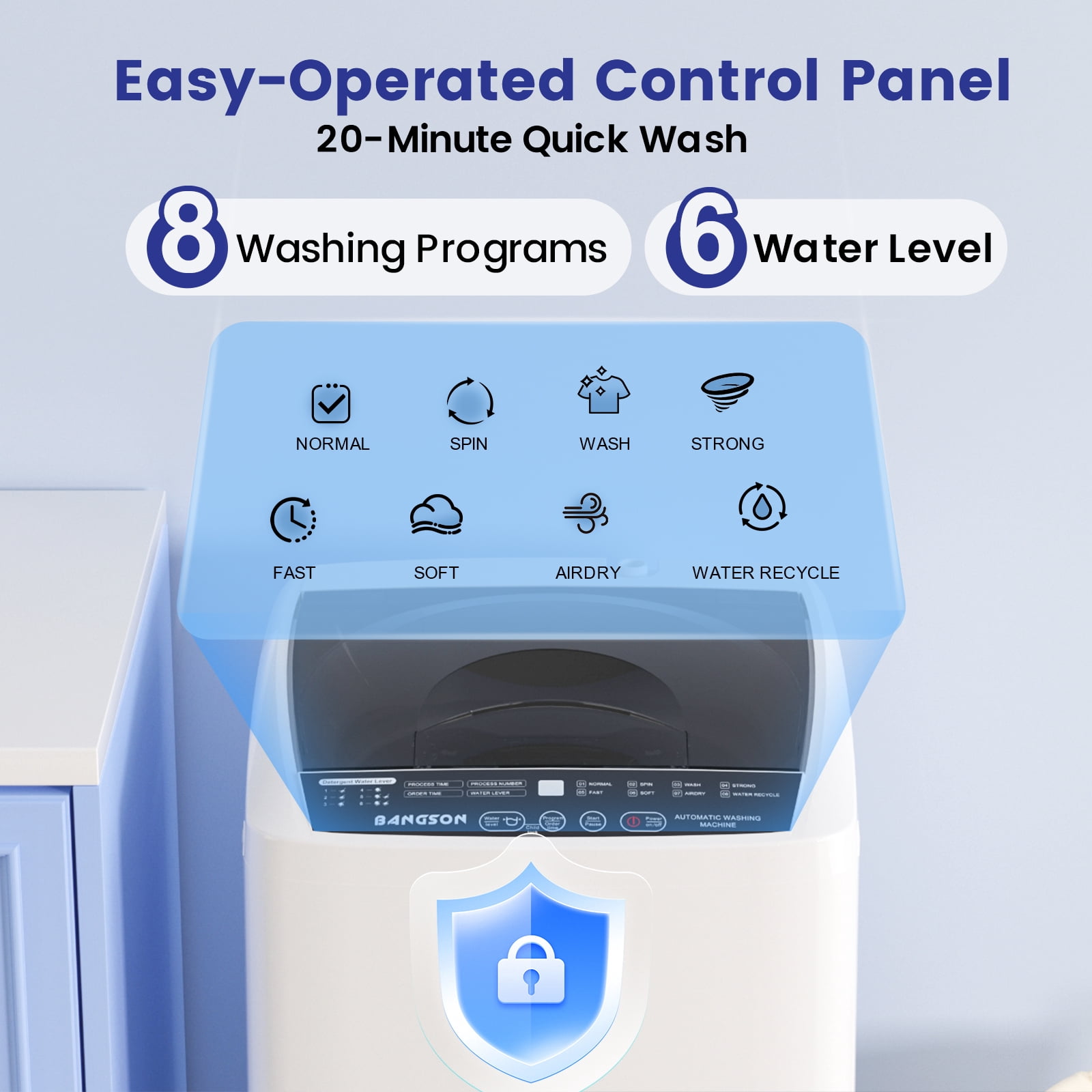 BANGSON 1.08cu.ft Portable Washing Machine, Full-Automatic Compact Washer with 8 Programs & Drain Pump for Apartment, Dorm, Home