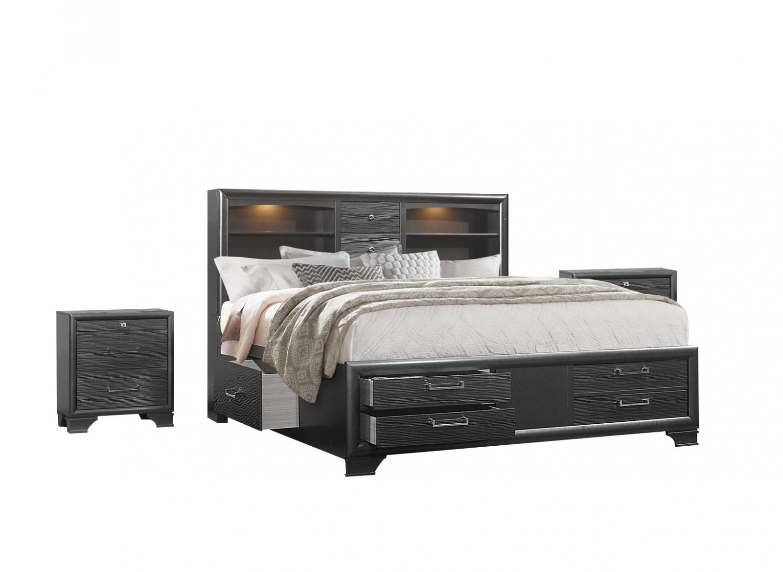 Storage King Bed & 2 Nightstands Glossy Black Modern Global Furniture