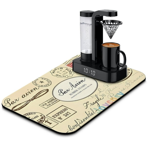 Coffee Mat, Coffee Vintage Stamp Pattern Coffee Bar Mat for Coffee Station Accessories and Organizer, Absorbent Dish Drying for Kitchen Counter, Coffee Bar Decor Coffee Machine Mat 19.5x12in