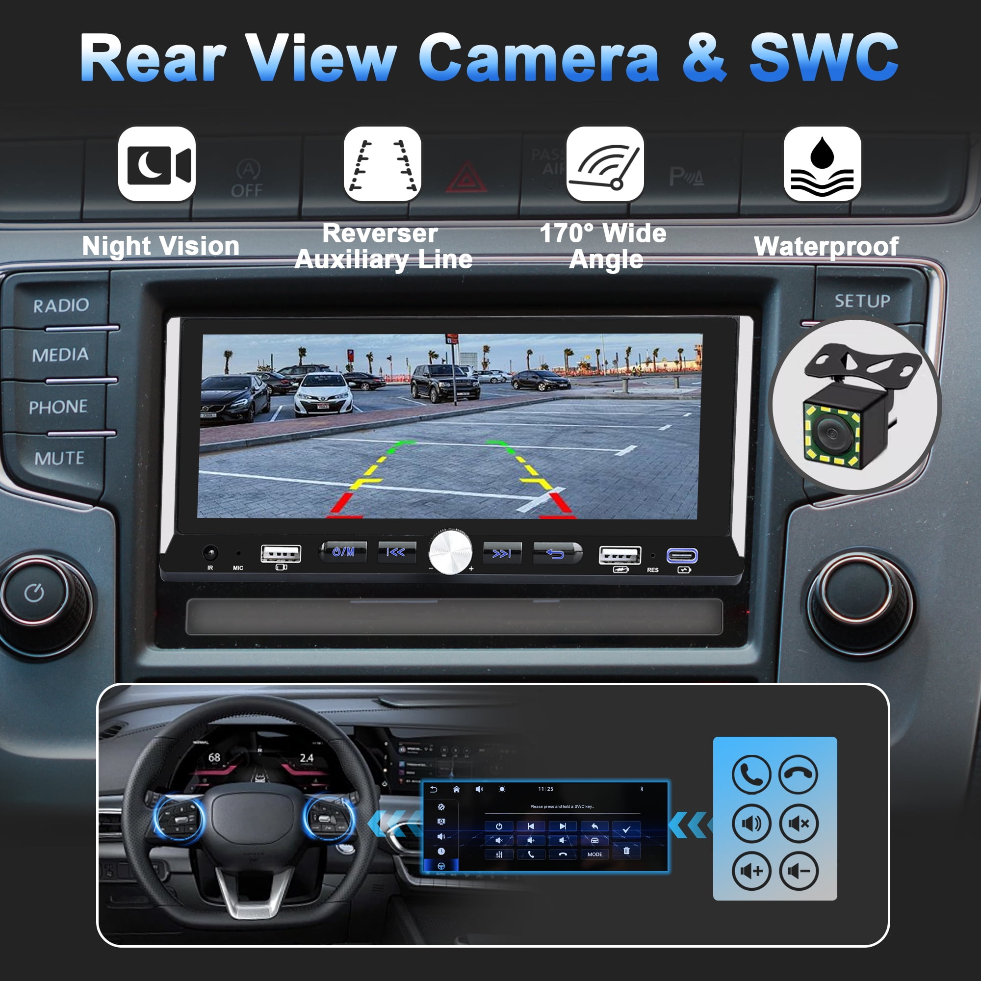 Wireless Single Din Car Stereo, 6.9" Touchscreen Car Audio Receiver, Apple Carplay & Android Auto, Bluetooth, Type-C/USB Fast Charging, Rear Camera