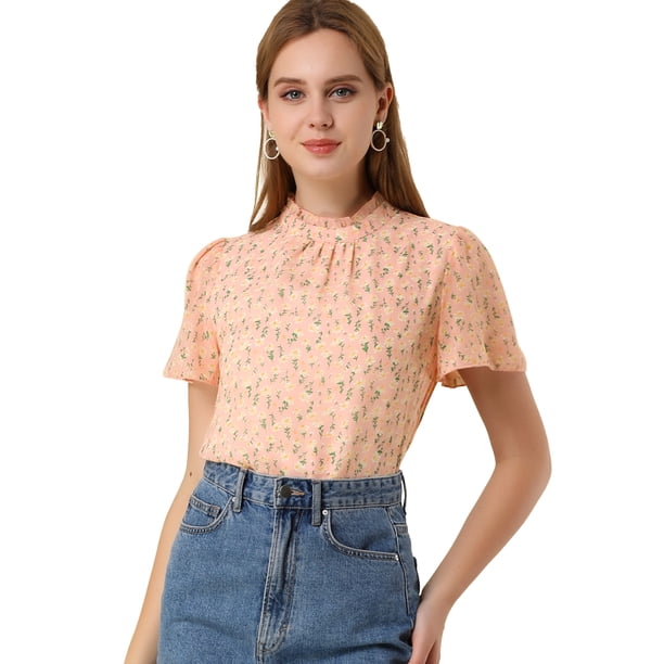 INSPIRE CHIC Blusa Floral De Gasa Cuello Con Volantes Ojo De Cerradura Para Mujer Rosa XL