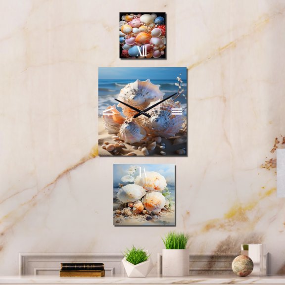 Designart "Tidal Shell Fantasy" Seashell Oversized Modern Clock - Set Of 3 - Extra large Clock For Office Dcor - Large Vertical Clock