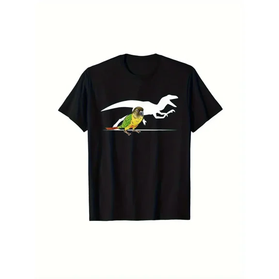 Men's Black 100% Cotton T-Shirt with Green Cheeked Conure & Dinosaur Parrot Graphic - Casual Crew Neck Tee, Breathable Short Sleeve