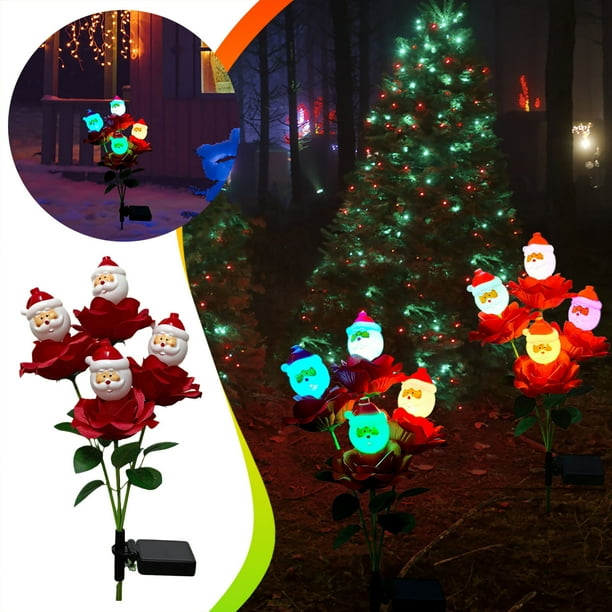 Xihbxyly Lámpara Solar de Papá Noel con 4 Cabezas y Forma de Rosa, Decoración Exterior con Movimiento, Funciona con Energía Solar, Decoración Festiva para Jardín, Duradera y Resistente a La Intemperi