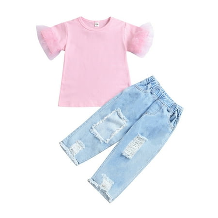 

Nituyy Baby Girl Lace T- Shirt Top with Ripped Pant 2Pcs Summer Outfit Set