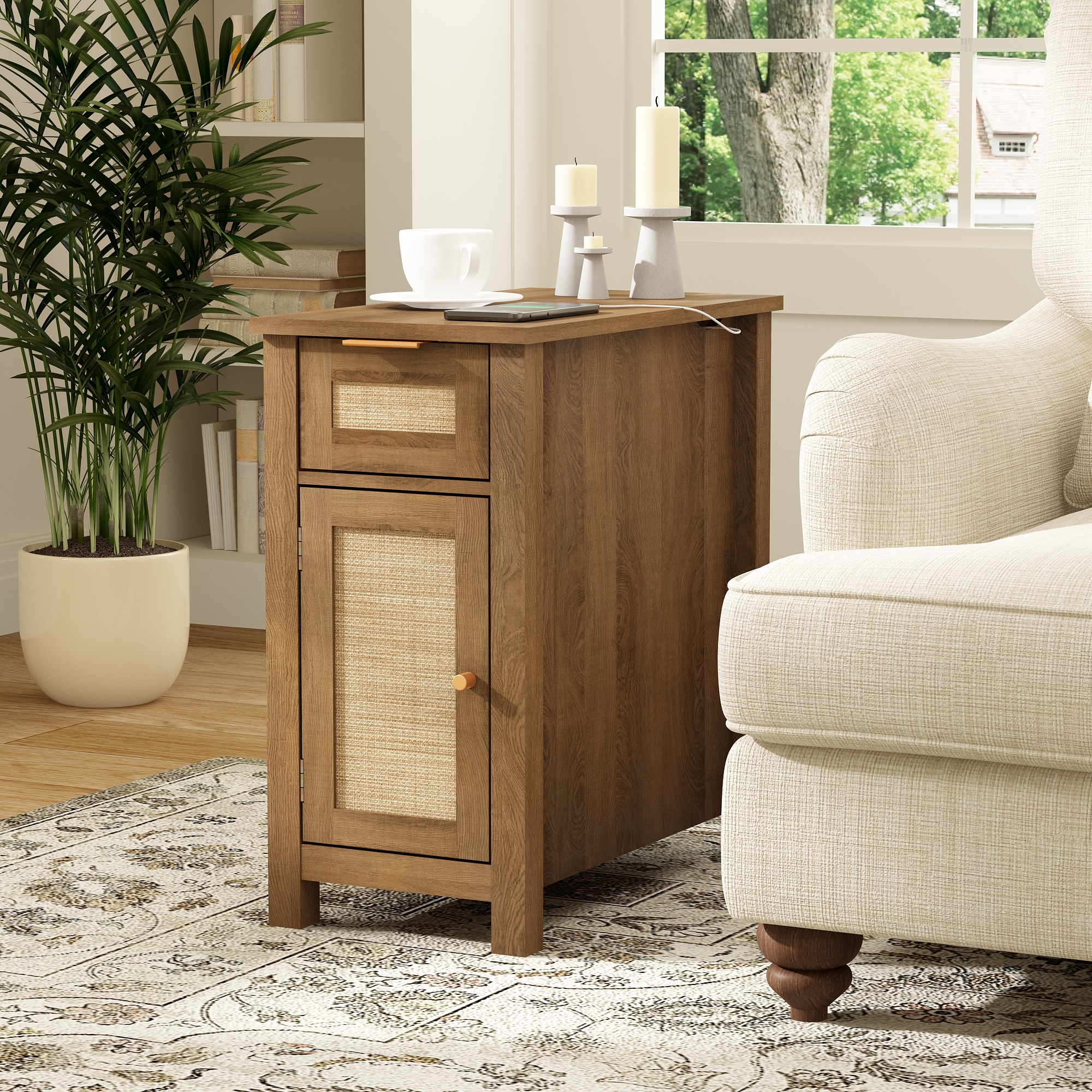 Narrow End Table with Charging Station, Small Side Table with Storage, Rattan Nightstands for Living Room Bedroom