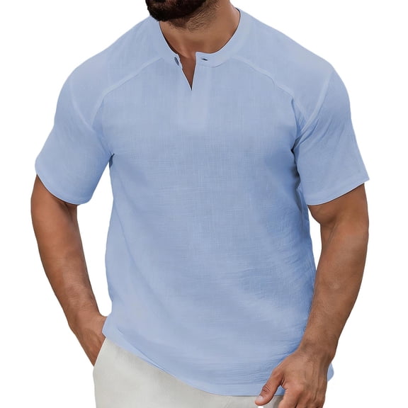 BSDJILFG 100% Cotton T-Shirts for Men Blue Henley Tees Casual Breathable Short Sleeve Buttons V-Neck Lounge Shirts