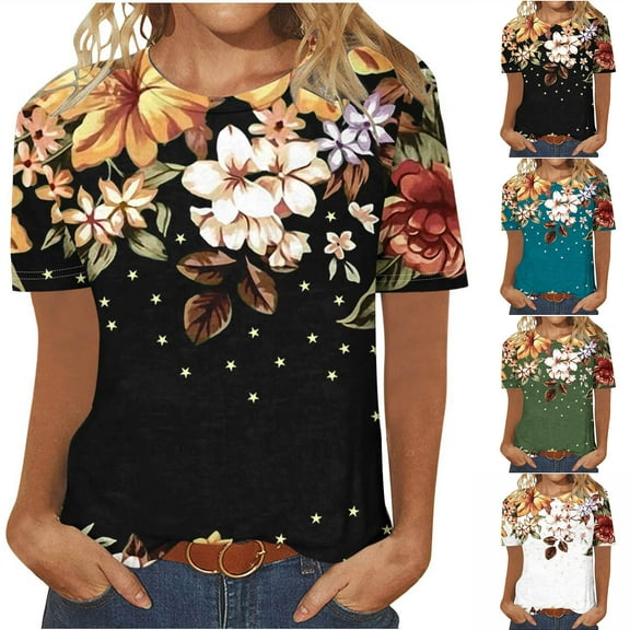 Fesfesfes Womens T Shirts Short Sleeve Women's Fashion Printed Short Sleeves Blouse Round Neck Casual Tops Tops for Women Casual Spring XL(US:10)