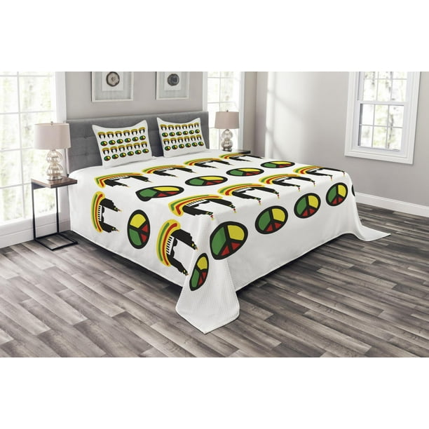 Jamaican Bedspread Set, Reggae Icons Colorful Peace Symbols Abstract