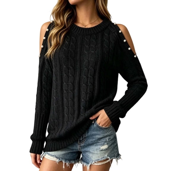 QIYAGBSA Women's Cold Shoulder Sweater Crewneck Cable Knit Pearl Beaded Long Sleeve Sweater Tops Casual Fall Solid Relaxed Fit Pullover Top