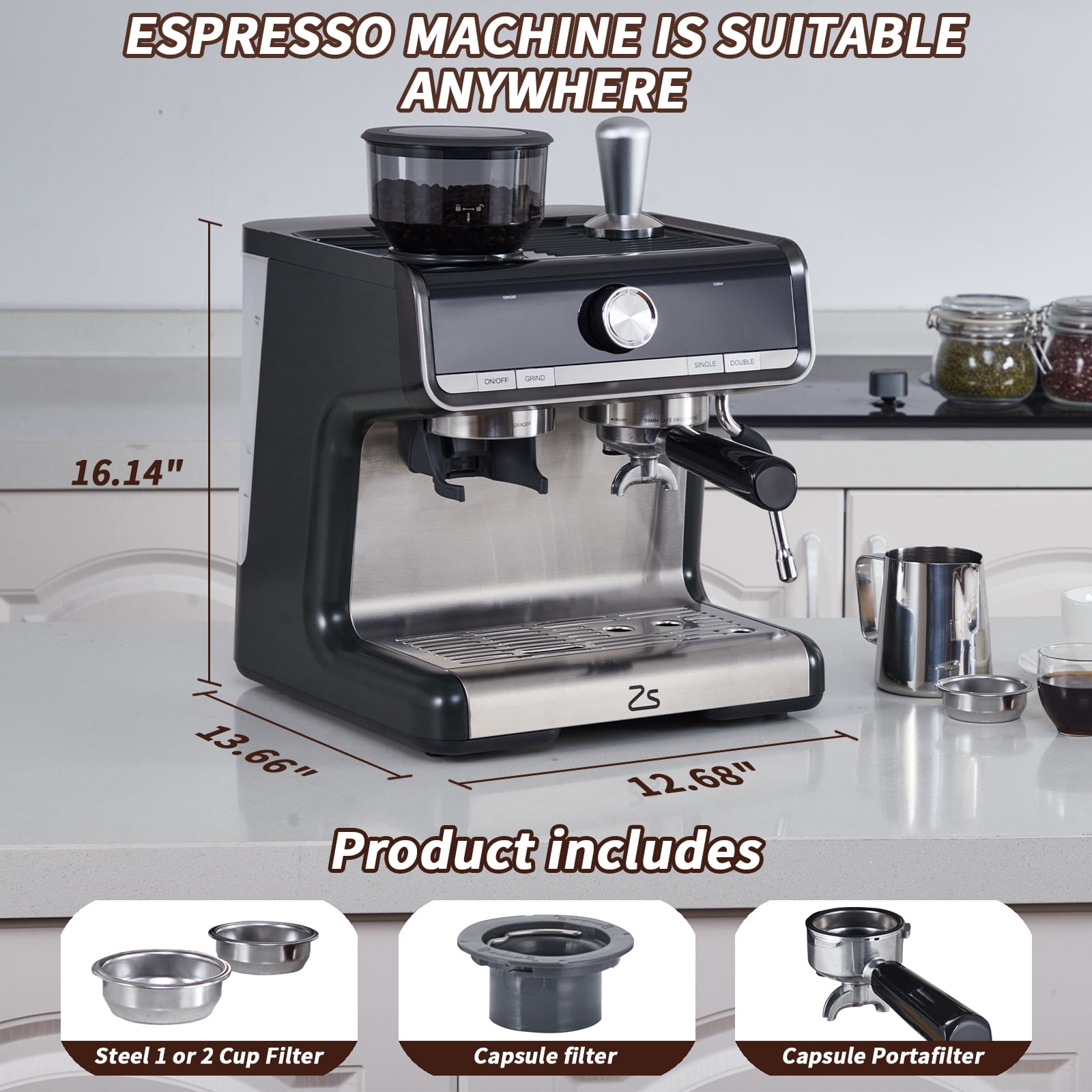Espresso Machine with Grinder, Milk Frother Wand, 1450W, 20 Bar Professional Espresso Maker with Barista Kit, 2.8L Water Tank for Cappuccinos or Macchiatos