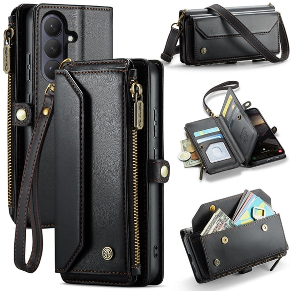 for Samsung Galaxy S26 Full Body Protection Wallet Folio Flip Case, Shoulder Strap & Wristlet Card Slots Zipper Pocket RFID Blocking Rugged Durable PU Leather Phone Case Cover, Black